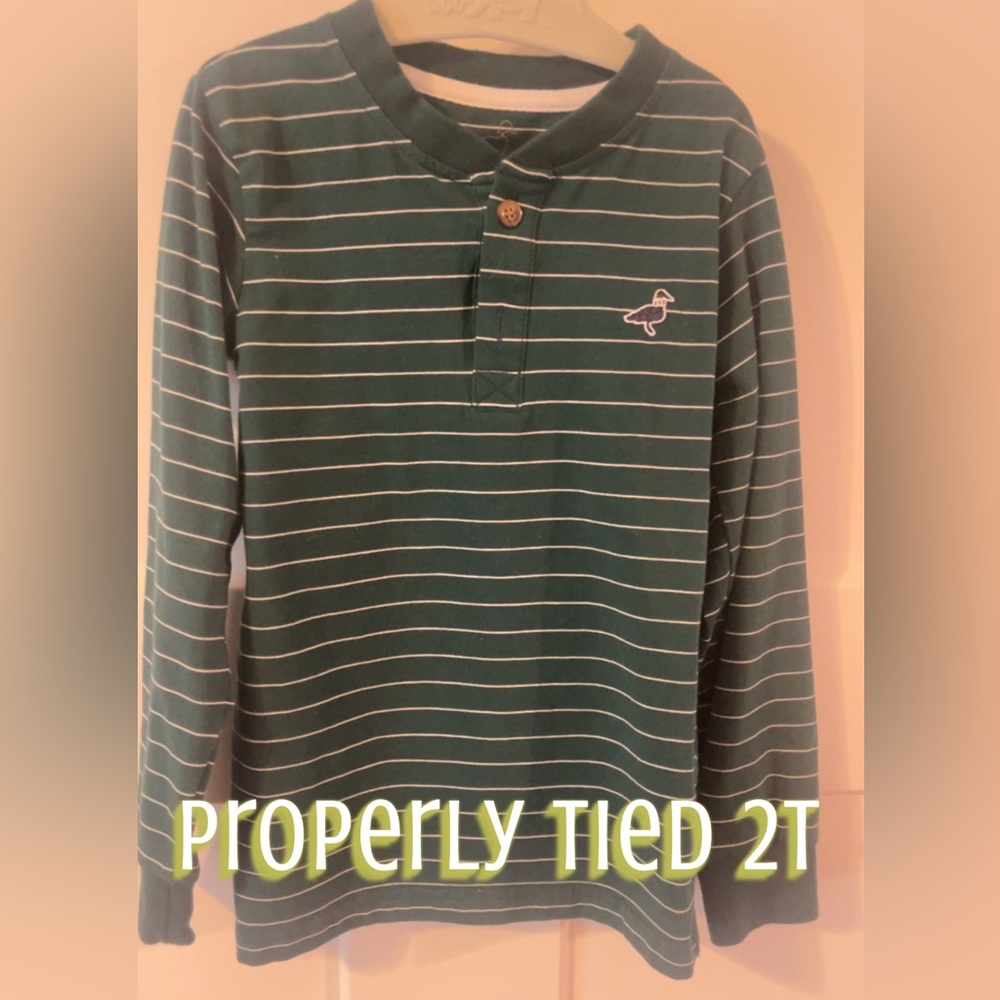 Properly Tied 2t stripped green long sleeve shirt. Washed never worn